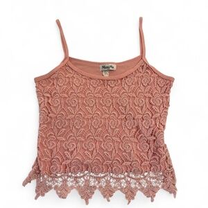 MaxiMa Women's M Vintage Floral Pink Coral Crochet Ribbed Tank Top Layered